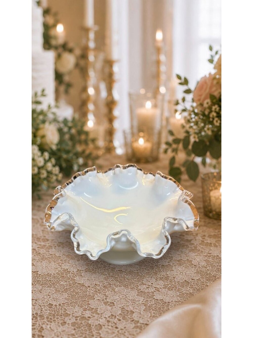 Fenton Milk Glass Bowl Silver Crest Ruffled Edge Pedestal Compote Candy Dish - Picture 2 of 7